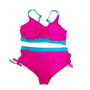 Two-Piece Pink & Blue Girls Swimsuit With Adjustable Straps Size 13 14 y